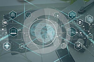 Human and technology concept. AI (Artificial Intelligence). Communication network. photo