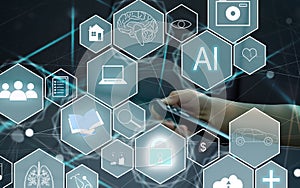 Human and technology concept. AI (Artificial Intelligence). Communication network. photo