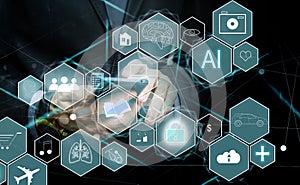 Human and technology concept. AI (Artificial Intelligence). Communication network. photo