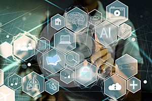 Human and technology concept. AI (Artificial Intelligence). Communication network. photo