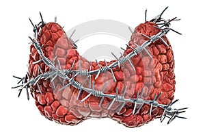 Human thyroid with barbed wire. Thyroid disease concept. 3D rend