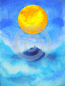 Human on top mountain abstract spiritual mind power full moon watercolor painting illustration design