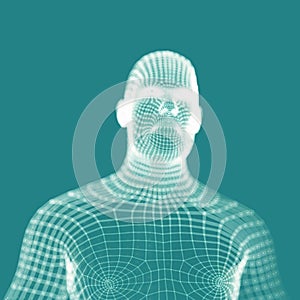 Human torso on blue background. Head of the Person from a 3d Grid. Vector Illustration. Can be used for avatar, science,