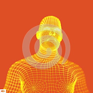 Human torso on orange background. Head of the Person from a 3d Grid. Vector Illustration. Can be used for avatar, science,