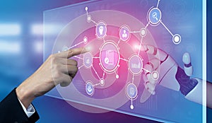 Human Touch and Robotic Interaction in Digital Technology Concept with Data Visualization and User Interface Elements