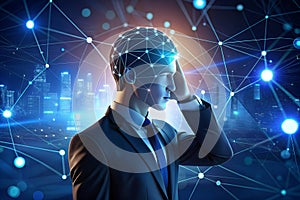 Human touching head and AI icon vs AI agent with generative artificial intelligence. Robotic process automation and data