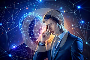 Human touching head and AI icon vs AI agent with generative artificial intelligence. Robotic process automation and data