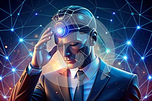 Human touching head and AI icon vs AI agent with generative artificial intelligence. Robotic process automation and data