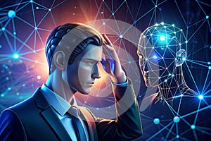 Human touching head and AI icon vs AI agent with generative artificial intelligence. Robotic process automation and data