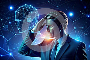 Human touching head and AI icon vs AI agent with generative artificial intelligence. Robotic process automation and data