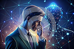 Human touching head and AI icon vs AI agent with generative artificial intelligence. Robotic process automation and data