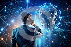 Human touching head and AI icon vs AI agent with generative artificial intelligence. Robotic process automation and data
