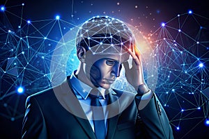 Human touching head and AI icon vs AI agent with generative artificial intelligence. Robotic process automation and data