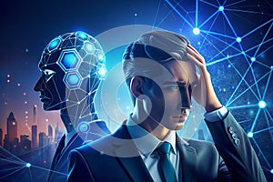 Human touching head and AI icon vs AI agent with generative artificial intelligence. Robotic process automation and data
