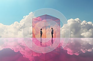 Human trapped on abstract three-dimensional image of geometric shapes on a cloud background 3d rendering 3d render