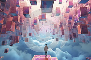 Human trapped on abstract three-dimensional image of geometric shapes on a cloud background 3d rendering 3d render