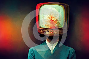 Human with TV instead head over dark background. Mass media addiction. Television manipulation and control. Brainwashing concept.