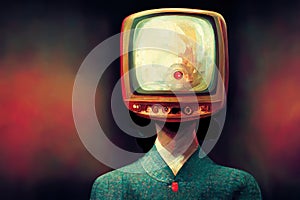 Human with TV instead head over dark background. Mass media addiction. Television manipulation and control. Brainwashing concept.