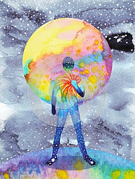 Human and universe power, watercolor painting, chakra reiki, abstract world universe inside your mind