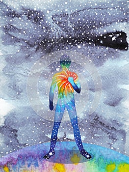 Human and universe power, watercolor painting, chakra reiki, world, universe inside your mind