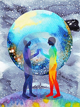 Human and universe power, watercolor painting, chakra reiki, world universe inside your mind