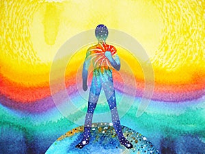 Human and universe power, watercolor painting, chakra reiki, world universe inside your mind