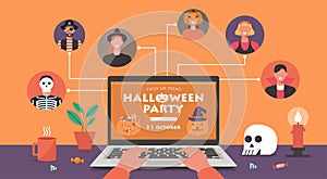 Human using laptop to celebrate online Halloween party