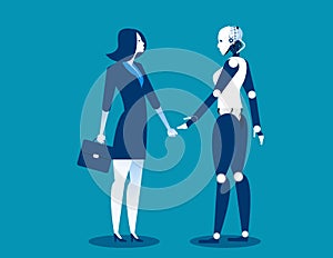 Human vs robot,Businesswoman standing with robot. Concept business automation future illustration. Vector cartoon character and ab