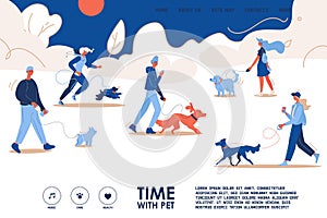 Human walking with dog in the park landing page template. Lovely characters with puppies running, jogging and enjoying friendship