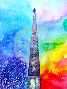 Human walking on high wall with spirit powerful energy connect to the universe power abstract art watercolor painting illustration