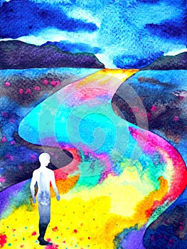 Human walking in rainbow road abstract watercolor painting