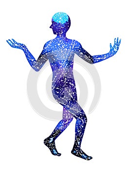 Human walking raise hand up power energy pose, abstract universe