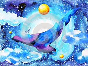 Human and whale in the universe mind spiritual abstract watercolor painting illustration design