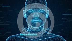 Human wireframe head with biometric face processing