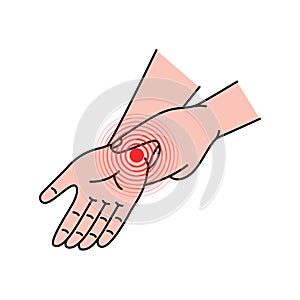 Human wrist pain. Pain and injury in the human wrist. Health problems in muscle pain and joints problems. Vector