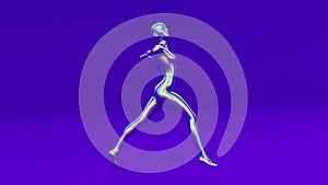 Human young character statue, flying jumping happy success elegant holographic metal iridescent gradient woman.