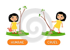 Humane and cruel antonyms word card, opposites concept.