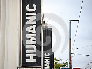 Humanic logo in front of their shop in downtown Prague.