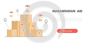 Humanitarian aid - charity concept with cardboard boxes. Banner for collecting help. Isolated flat vector illustration.