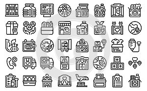 Humanitarian aid icons set outline vector. Donate box