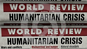 Humanitarian crisis news, famine and hunger disaster newspaper printing press