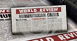 Humanitarian crisis news, famine and hunger disaster retro newspaper illustration