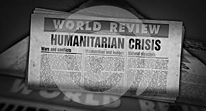 Humanitarian crisis news, famine and hunger disaster retro newspaper illustration