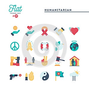 Humanitarian, peace, justice, human rights and more, flat icons