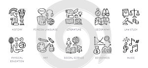 Humanitarian sciences doodle icon set. School subjects - history, language, literature, geography, physical education