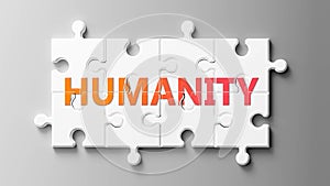 Humanity complex like a puzzle - pictured as word Humanity on a puzzle pieces to show that Humanity can be difficult and needs