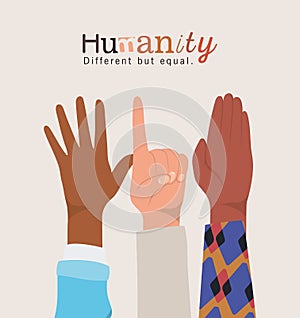 Humanity different but equal and diversity hands skin vector design