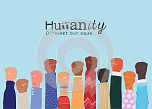 Humanity different but equal and diversity hands up with fist sign vector design