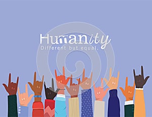 Humanity different but equal and diversity hands up with rock sign vector design