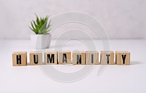 HUMANITY text on wooden blocks, minimal. Human principles